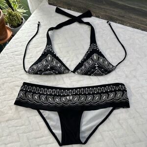 Y2K $98 Red Carter Victorias Secret Bikini Black Paisley Ruffle Bandana 8 4 S M